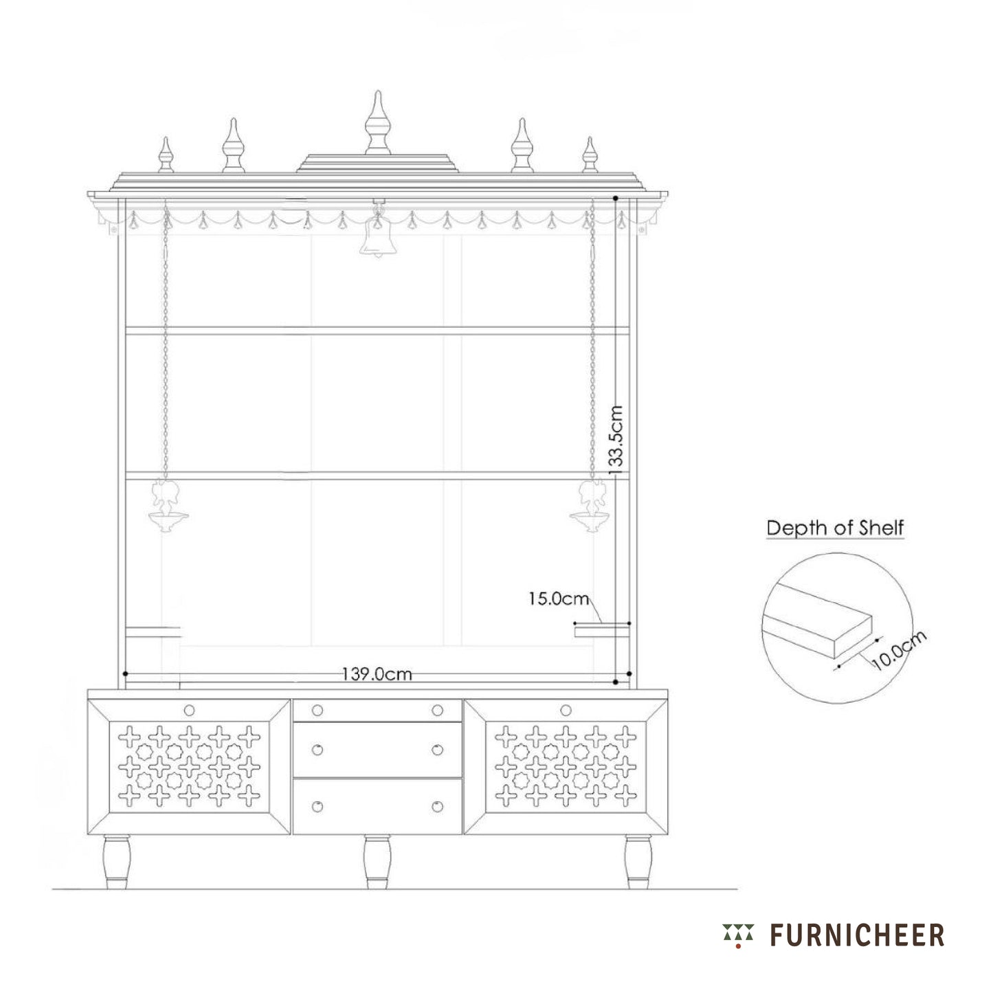 Technical drawing of a piece of furniture with dimensions labeled, featuring the brand 'Furnicheer'.