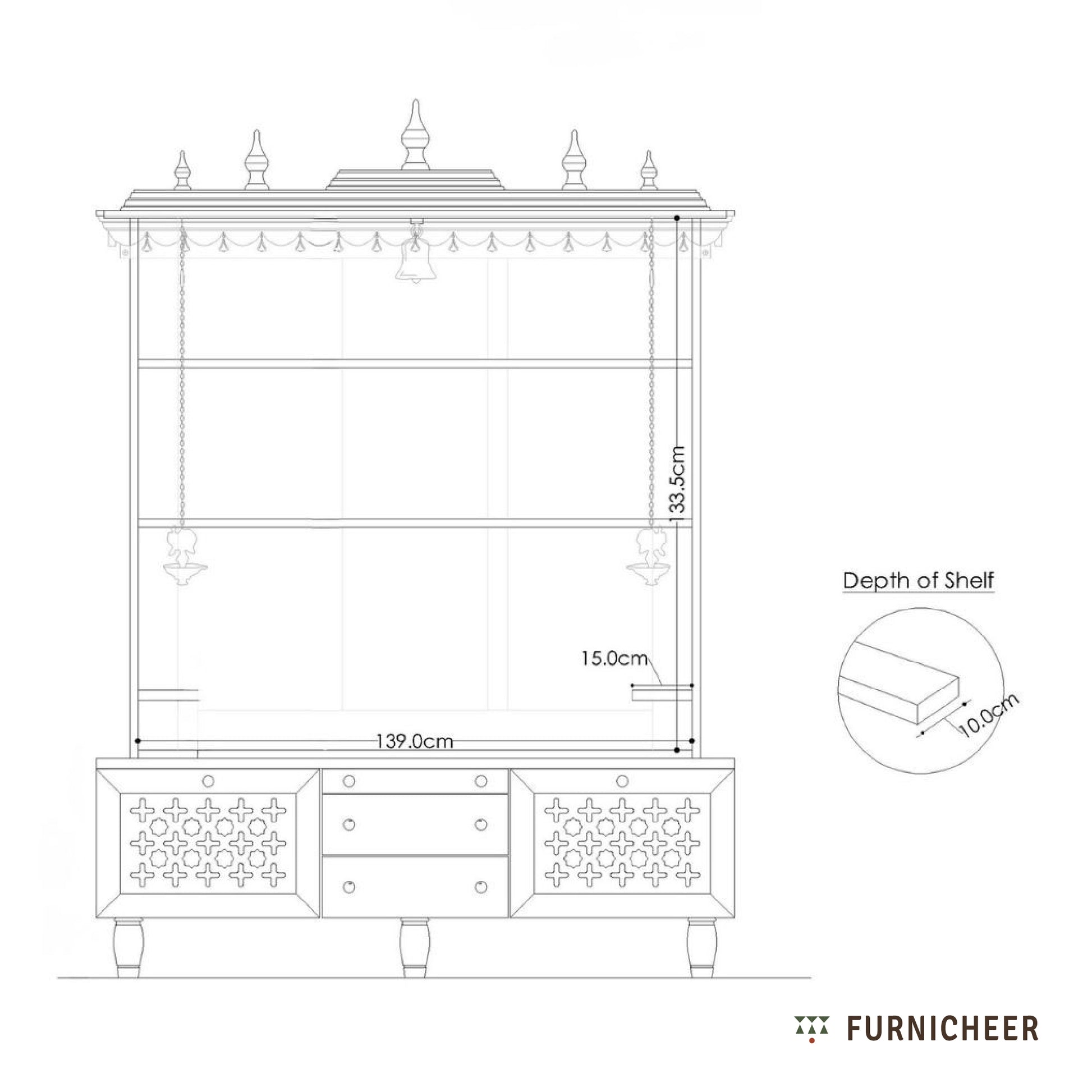 Technical drawing of a piece of furniture with dimensions labeled, featuring the brand 'Furnicheer'.