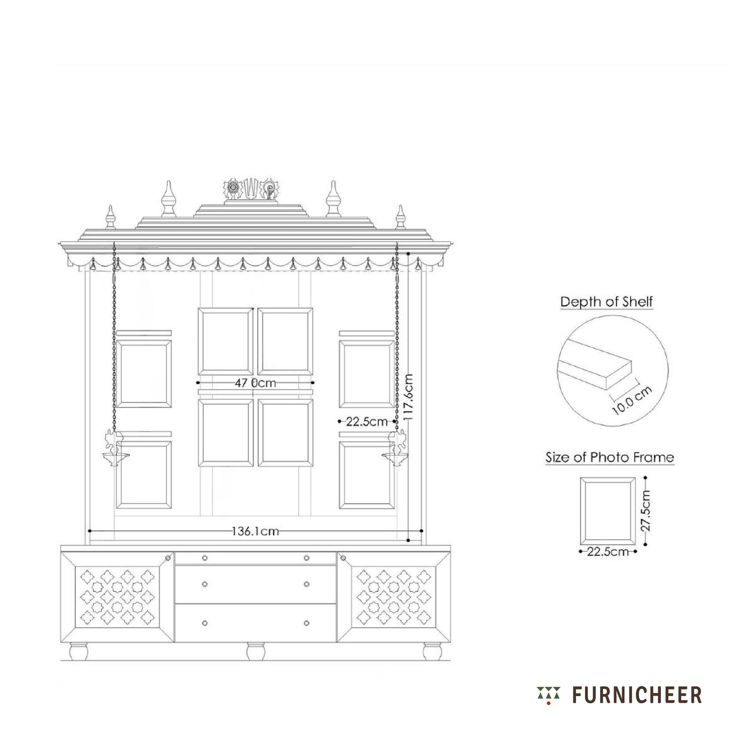Technical drawing of a wooden cabinet with dimensions and measurements, branded 'Furnicheer'.