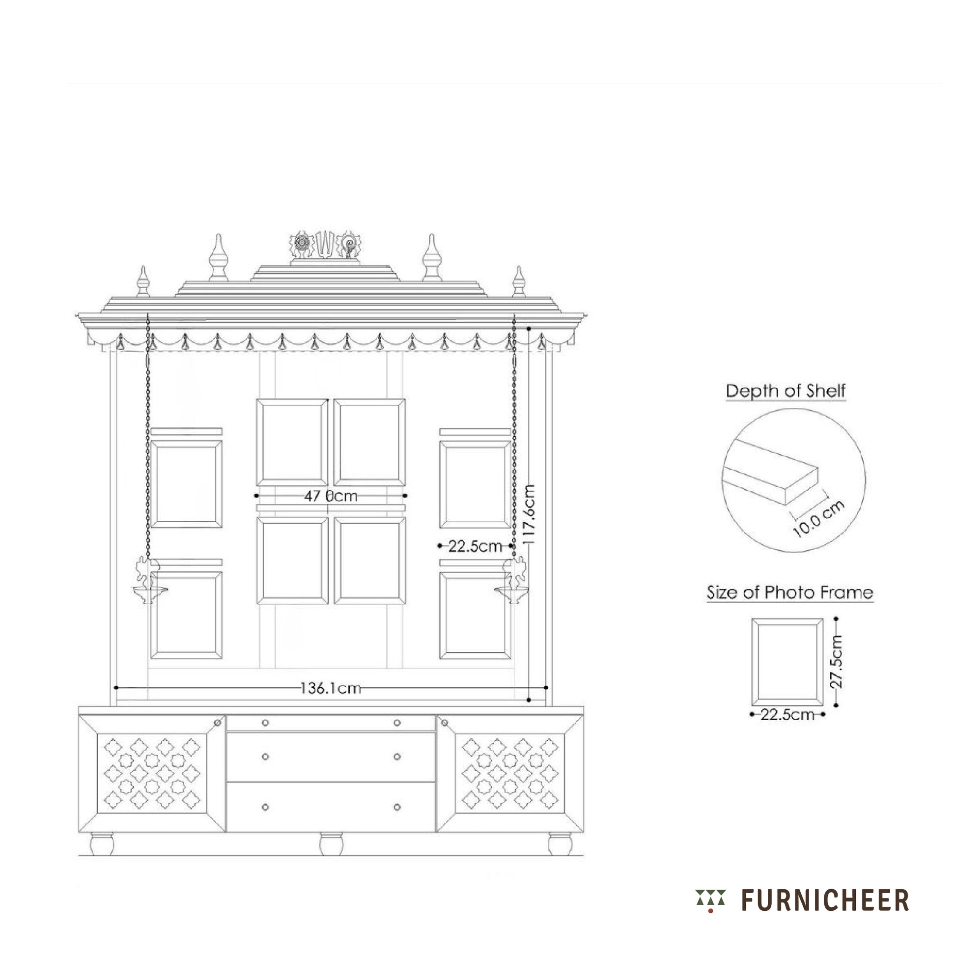 Technical drawing of a wooden cabinet with dimensions and measurements, branded 'Furnicheer'.