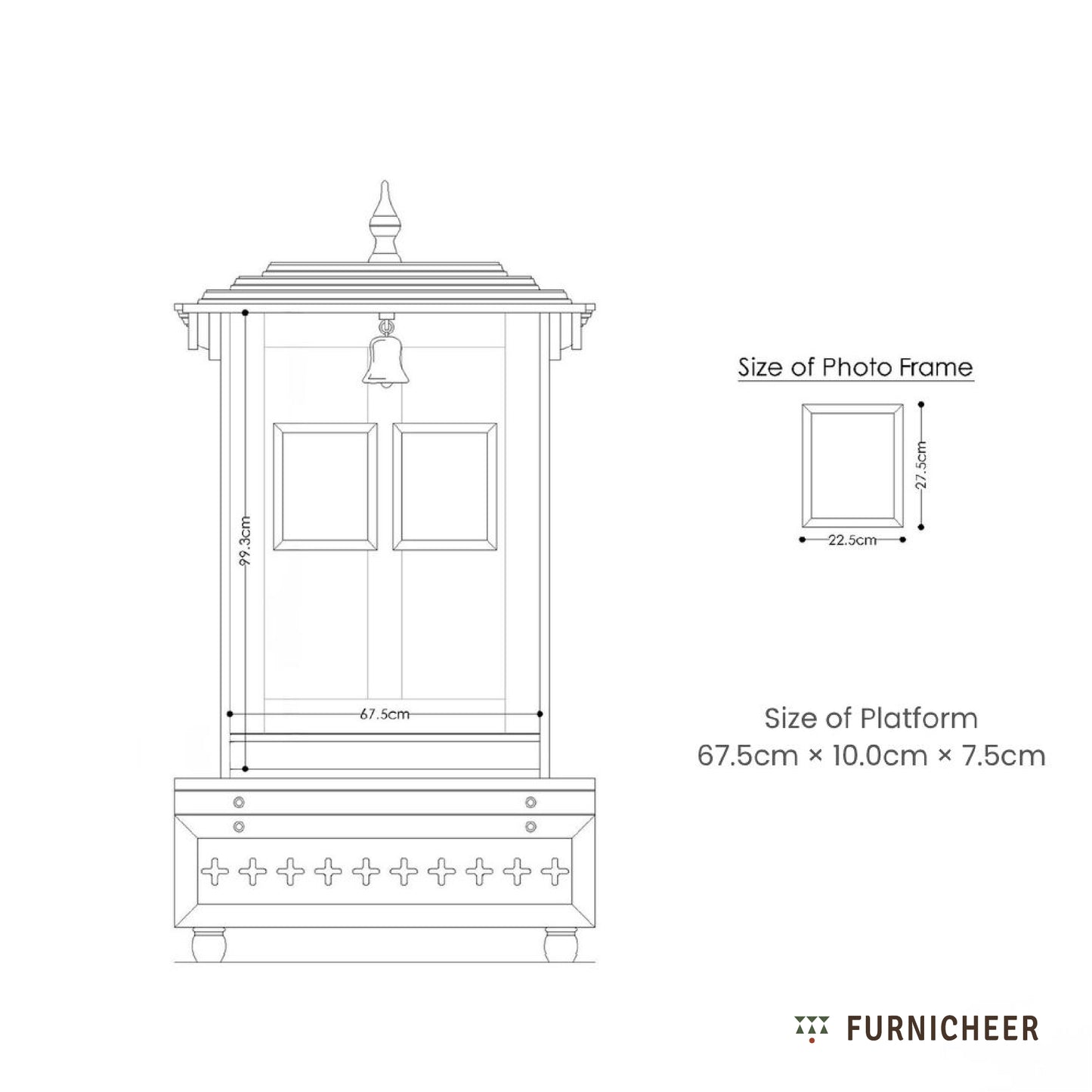Technical drawing of a wooden cabinet with dimensions labeled, featuring the brand 'Furnicheer'.