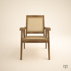 Solid wood armchair with a woven back and seat tinted in desert brown