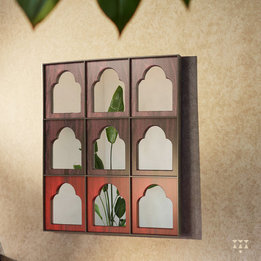 Large mirror with 9 window arches framed in solid wood, tinted in jamun purple & beet red