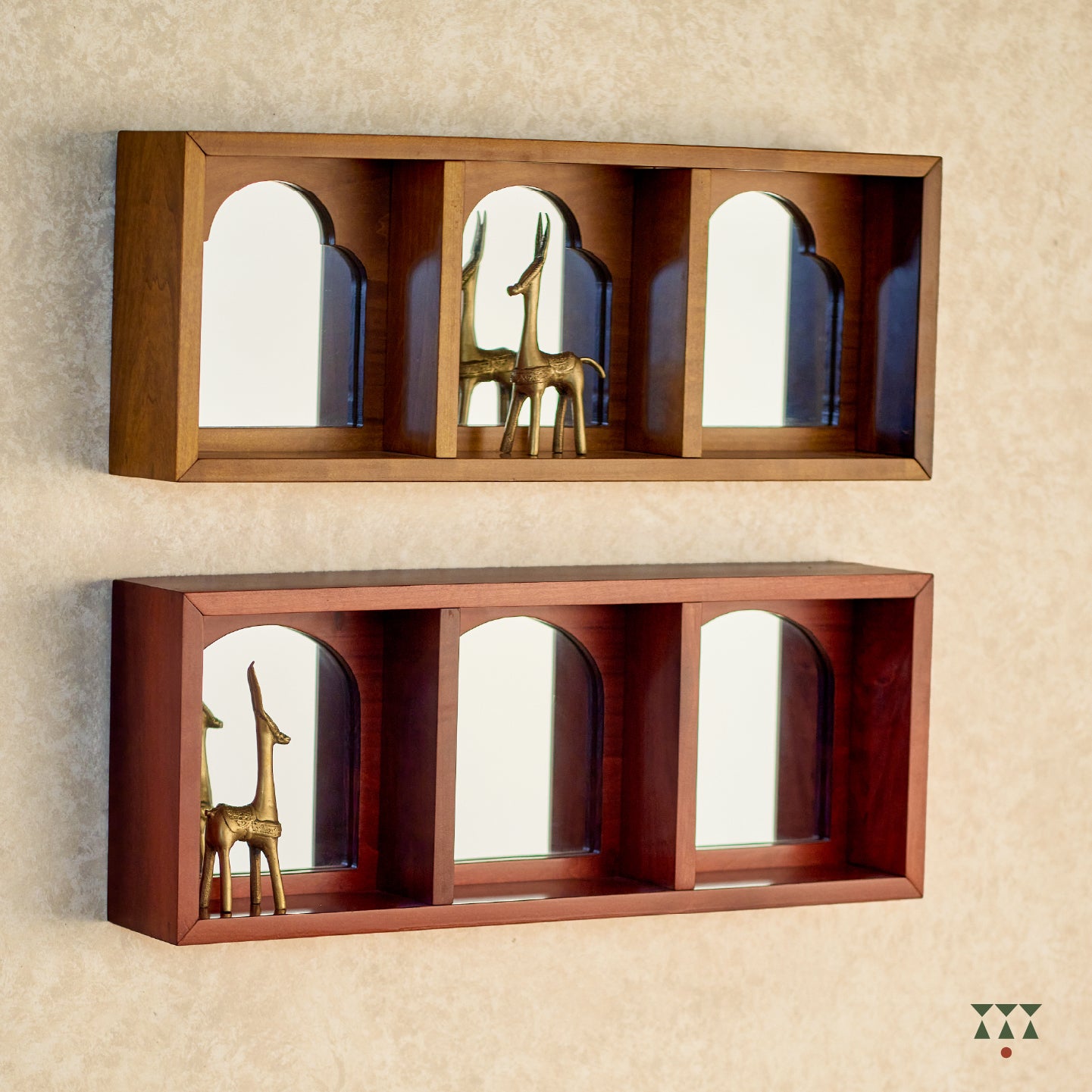 Set of 2 solid wood framed mirror cubbies, each with unique arch shapes tinted in mustard yellow & saffron orange