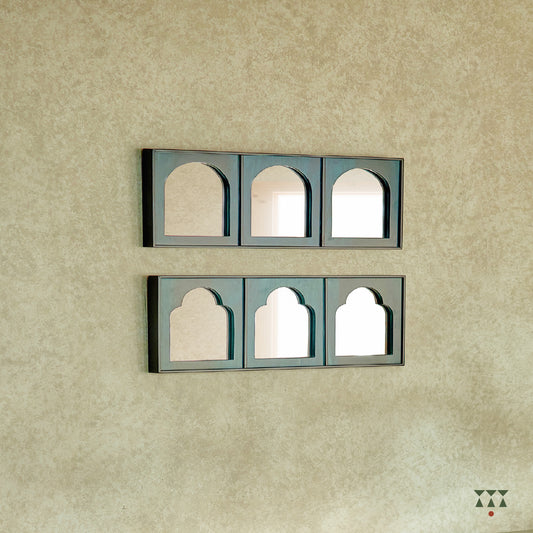 Set of 2 solid wood framed mirrors, each with unique arch shapes tinted in lagoon blue and slate black 