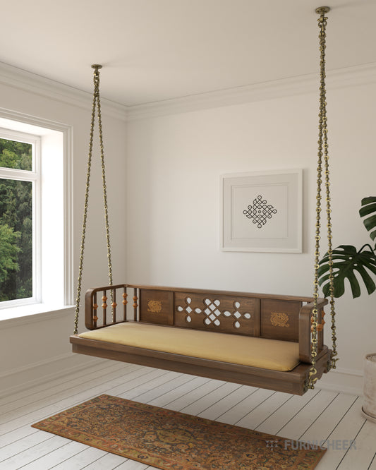 Modern Wooden Bench Jhula with Brass Chain