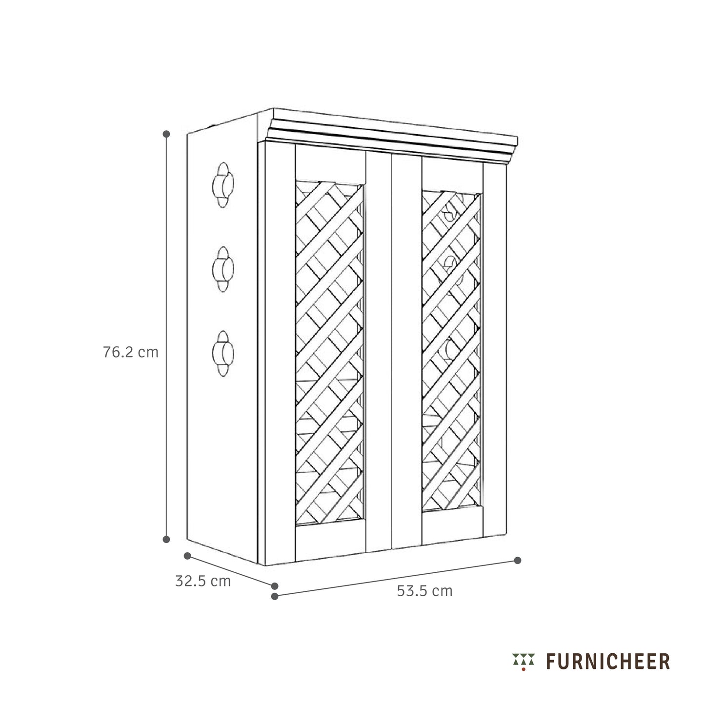 Line drawing of a wooden, wall mounted Mandir to house idols with doors, cutwork and pure brass accessories with dimensions