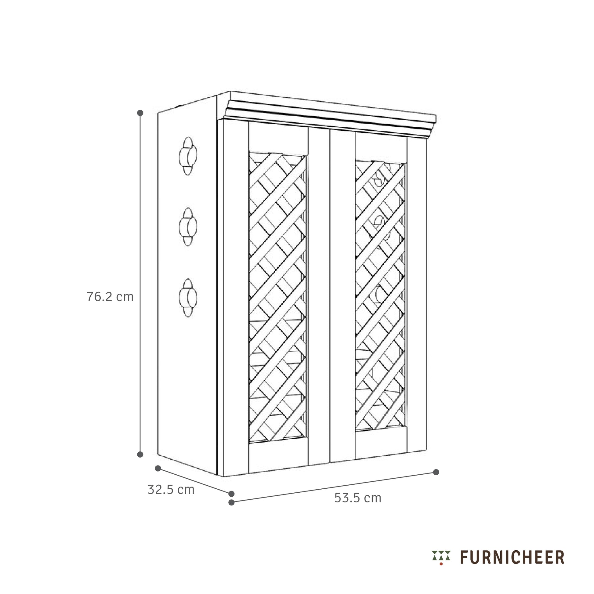 Line drawing of a wooden, wall mounted Mandir to house idols with doors, cutwork and pure brass accessories with dimensions