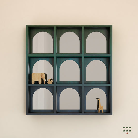 Solid wood mirror with 9 cubbies with arch patterns tinted in Moringa Green, Lagoon & Cobalt Blue