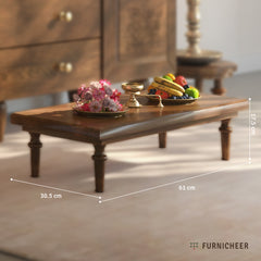 Wooden table with decorative items and measurements, branded 'Furnicheer'.