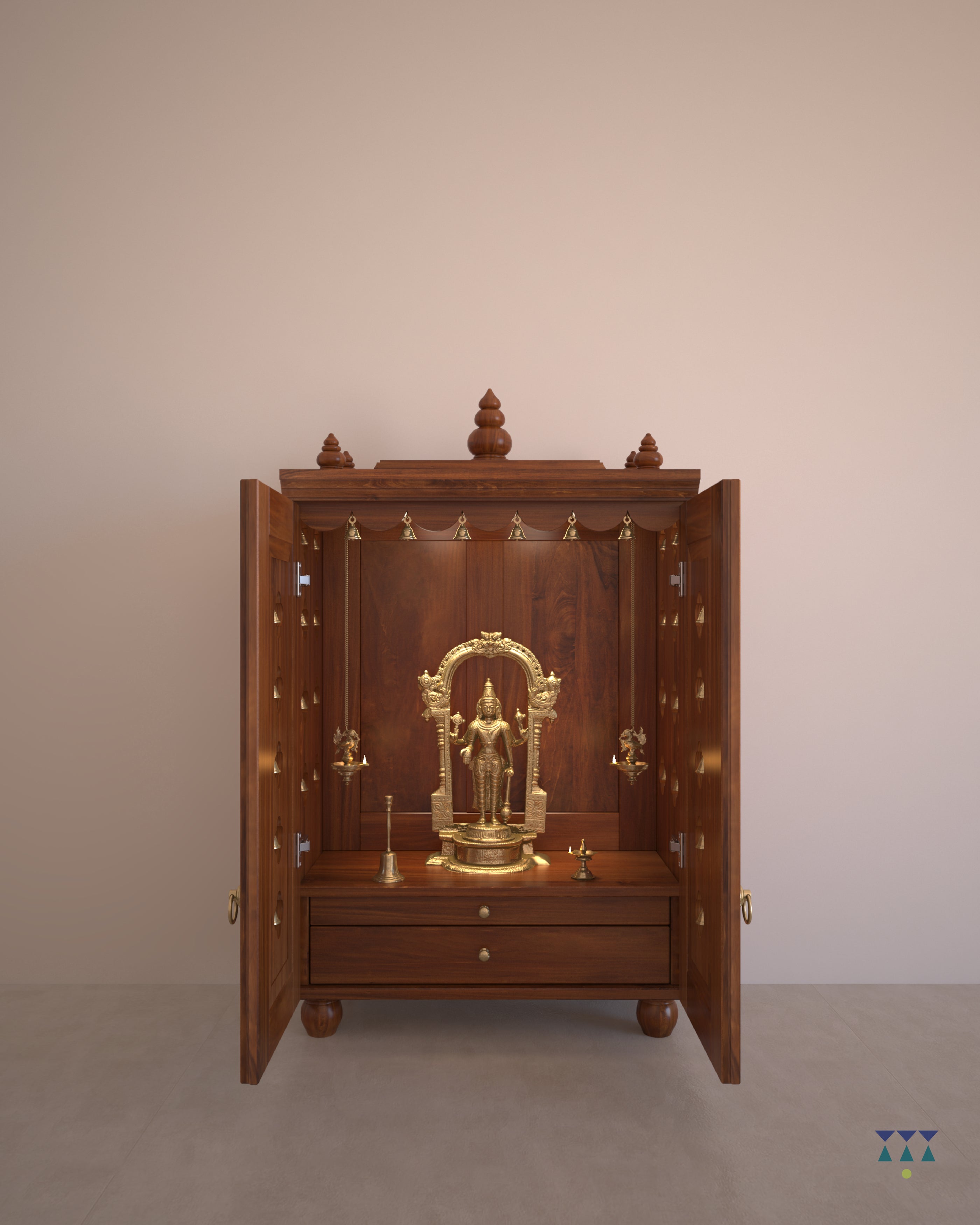 OJAS - Sustainable Solid Wood Table Mount Pooja Mandir for Home with Door with A Slide-Out Tray And Enhanced with Pure Brass Knobs & Bells