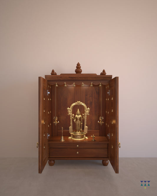 OJAS - Sustainable Solid Wood Table Mount Pooja Mandir for Home with Door with A Slide-Out Tray And Enhanced with Pure Brass Knobs & Bells