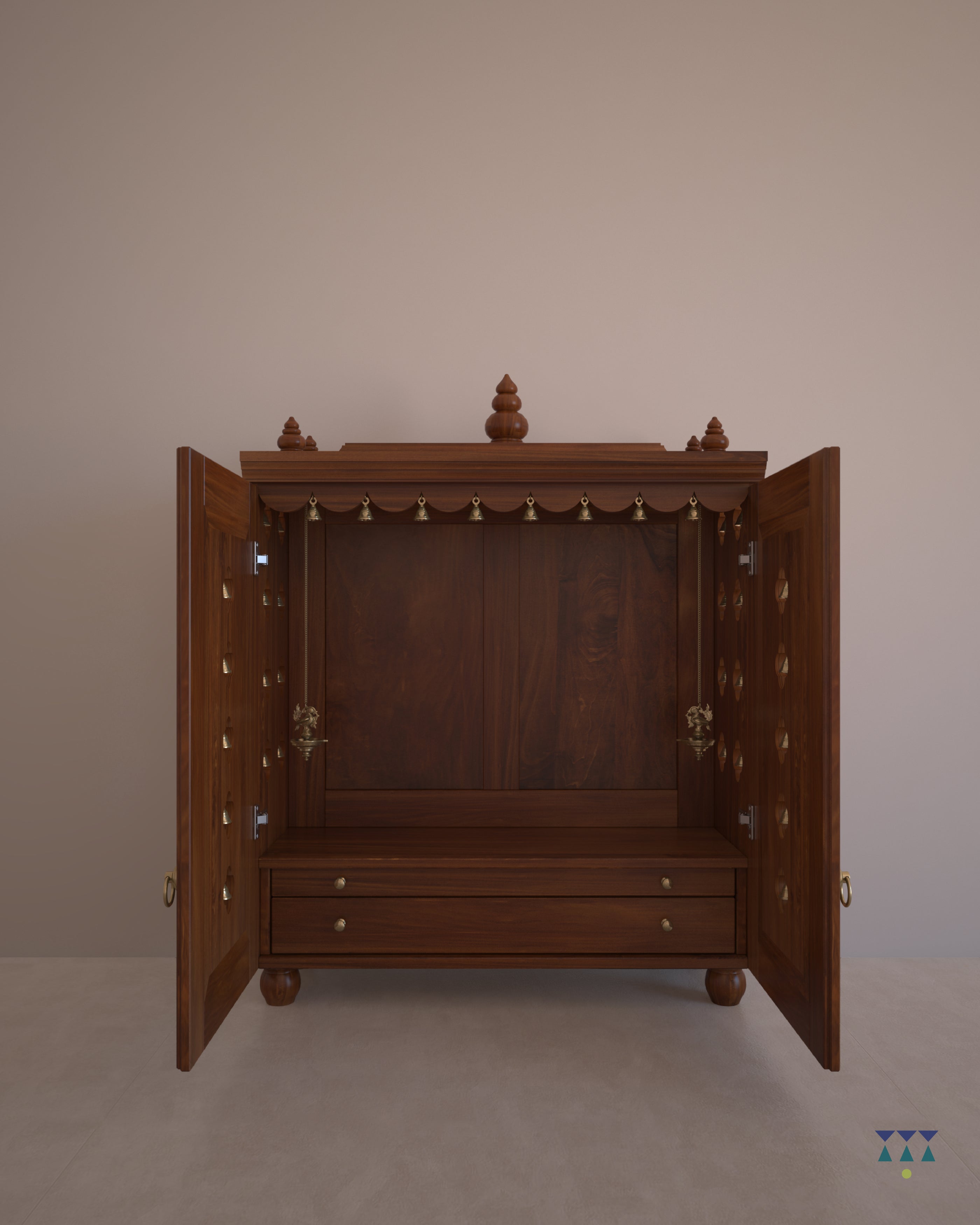 OJAS - Sustainable Solid Wood Table Mount Pooja Mandir for Home with Door with A Slide-Out Tray and Enhanced with Pure Brass Knobs & Bells