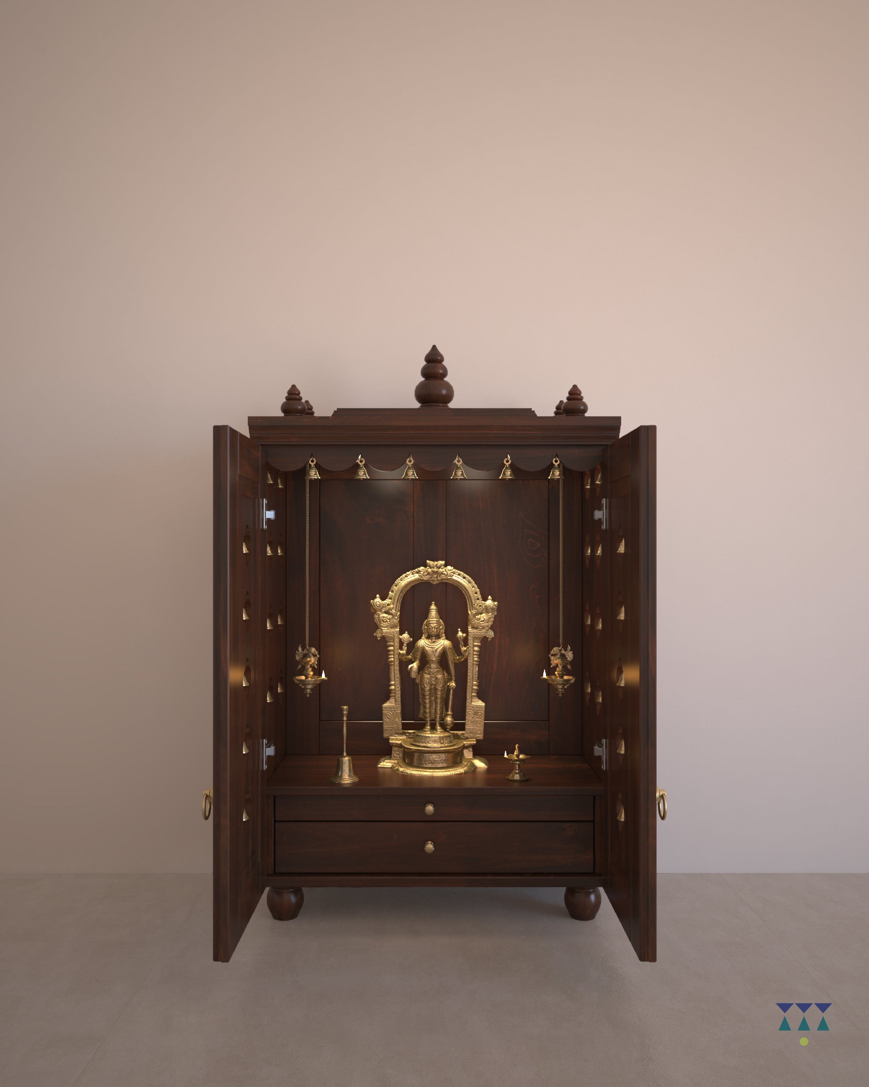 OJAS - Sustainable Solid Wood Table Mount Pooja Mandir for Home with Door with A Slide-Out Tray and Enhanced with Pure Brass Knobs & Bells