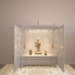 OJAS - Sustainable Solid Wood Table Mount Pooja Mandir for Home with Door with A Slide-Out Tray and Enhanced with Pure Brass Knobs & Bells