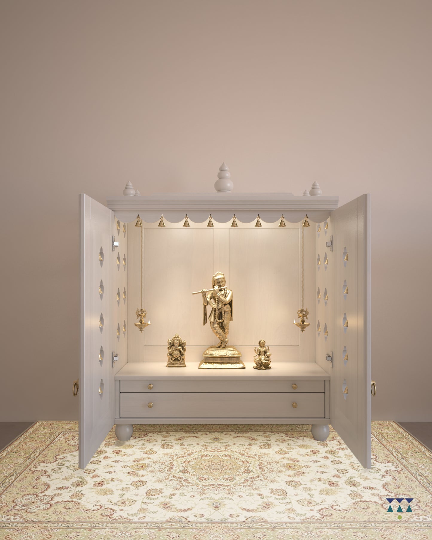 OJAS - Sustainable Solid Wood Table Mount Pooja Mandir for Home with Door with A Slide-Out Tray and Enhanced with Pure Brass Knobs & Bells