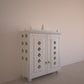 OJAS - Sustainable Solid Wood Table Mount Pooja Mandir for Home with Door with A Slide-Out Tray and Enhanced with Pure Brass Knobs & Bells