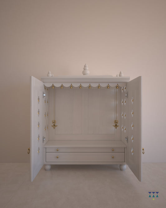 OJAS - Sustainable Solid Wood Table Mount Pooja Mandir for Home with Door with A Slide-Out Tray and Enhanced with Pure Brass Knobs & Bells