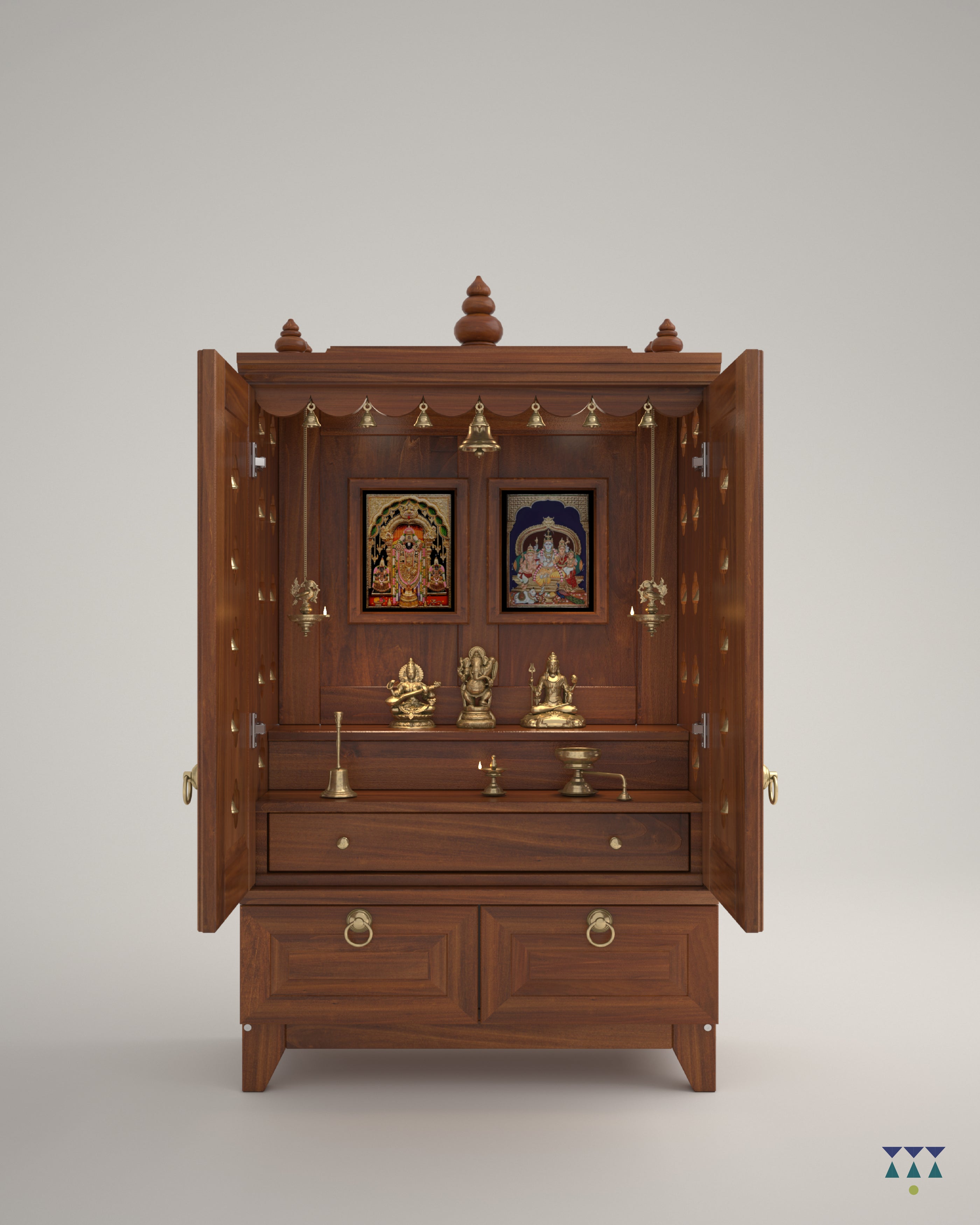 OMKARA - Solid Wood Handcrafted Free-Standing Temple for Home with Door in Cherry Brown PU Finish Accessorized with Brass Bells & Brass Lamps