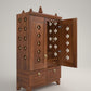 OMKARA - Solid Wood Handcrafted Free-Standing Temple for Home with Door in Cherry Brown PU Finish Accessorized with Brass Bells & Brass Lamps