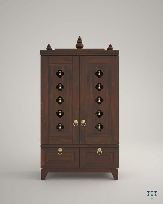 OMKARA - Solid Wood Handcrafted Free-Standing Temple for Home with Door in Walnut Brown PU Finish Accessorized with Brass Bells & Brass Lamps