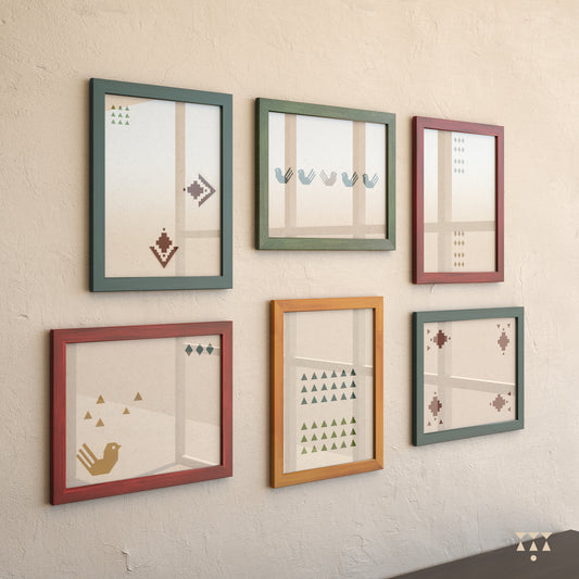 Set of 6 large wooden frames tinted in Beet Red, Moringa Green, Lagoon Blue & Mustard Yellow