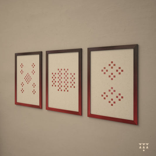 Set of 3 large wooden frames tinted in a gradation of jamun purple & beet red