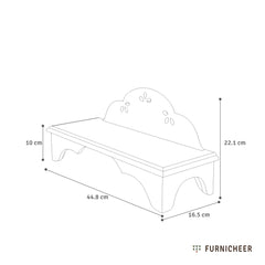 Measurement chart of a pooja platform with dimensions labeled, featuring the brand 'Furnicheer'.