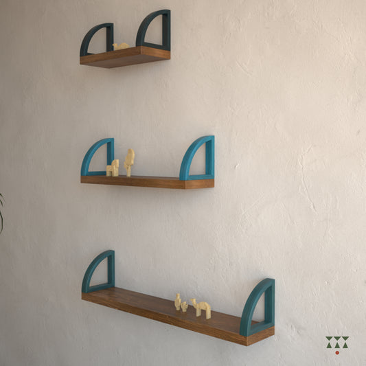 Set of 3 large display shelves of various sizes tinted in Mocha brown with Lagoon Blue, Deep Blue & Cobalt Blue accents