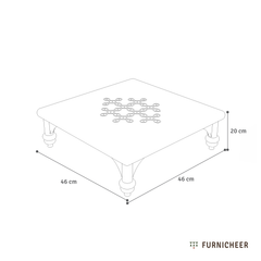 Diagram of a square table with dimensions labeled, featuring the brand 'Furnicheer'.