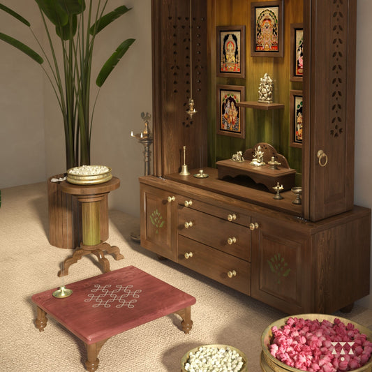 Wooden pooja mandir with religious items and decor in a room setting