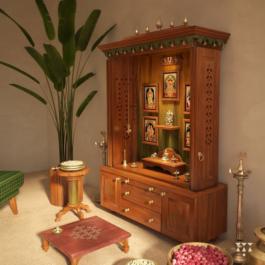 Wooden pooja mandir with decorative items in a room setting