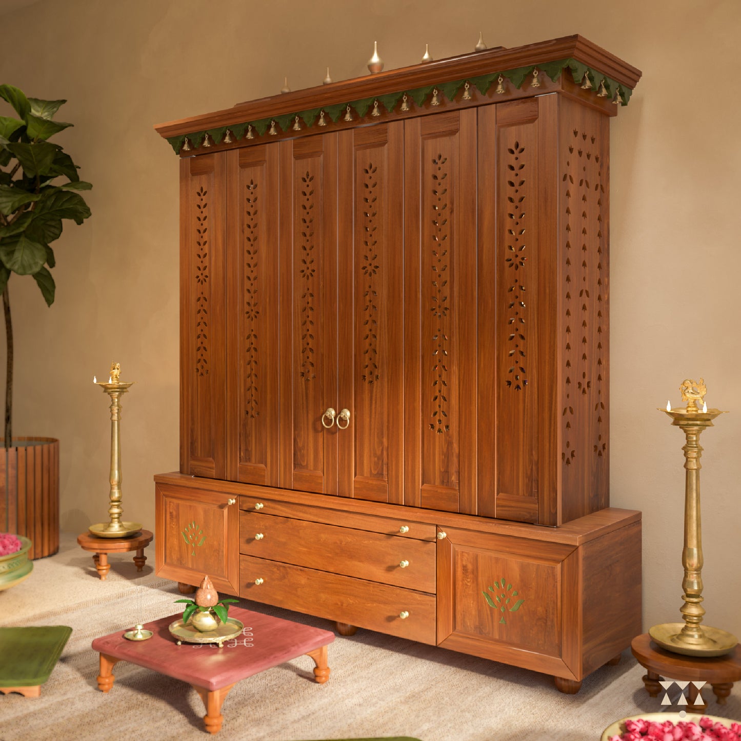 Wooden cabinet with decorative elements in a room setting