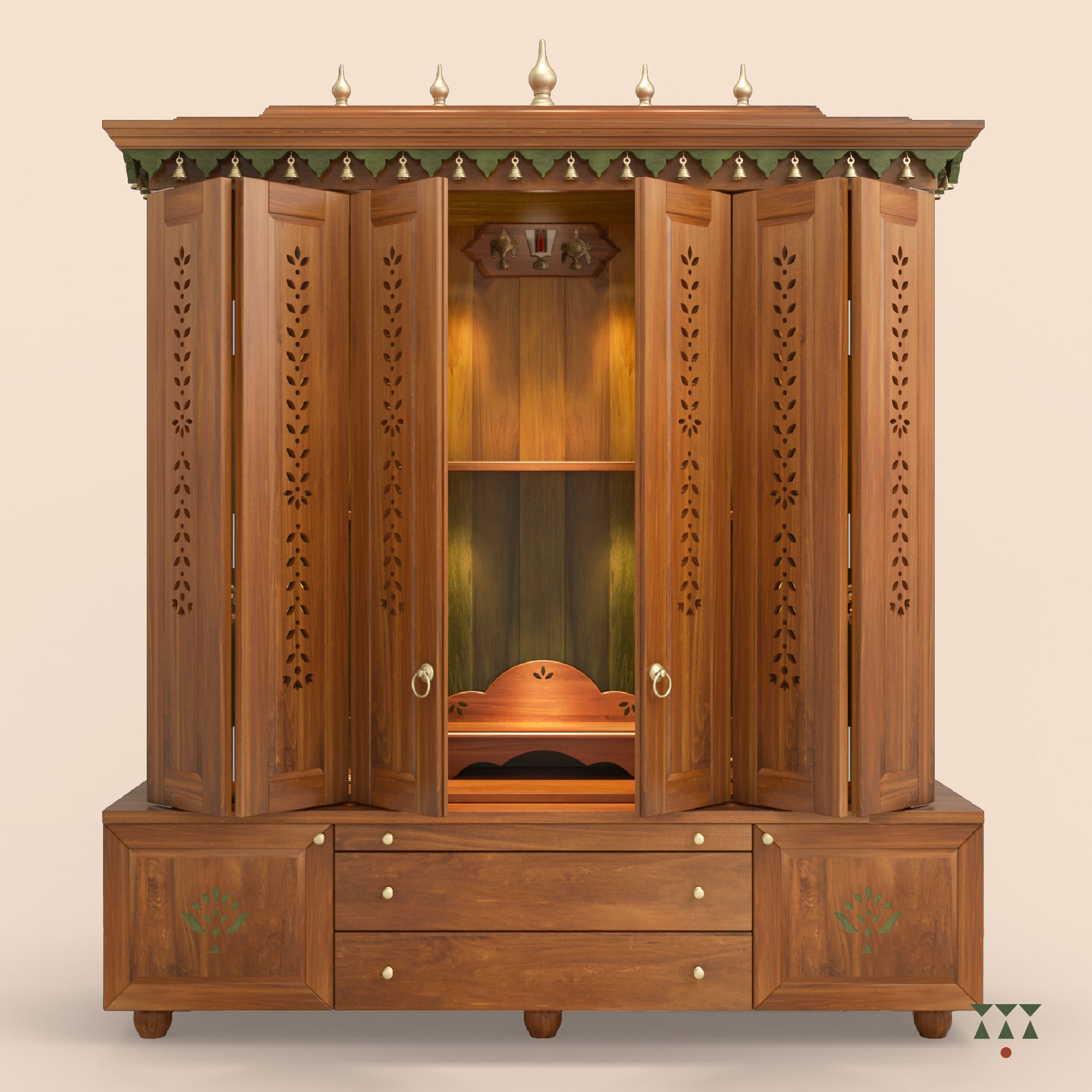 Wooden pooja temple with intricate designs on a beige background