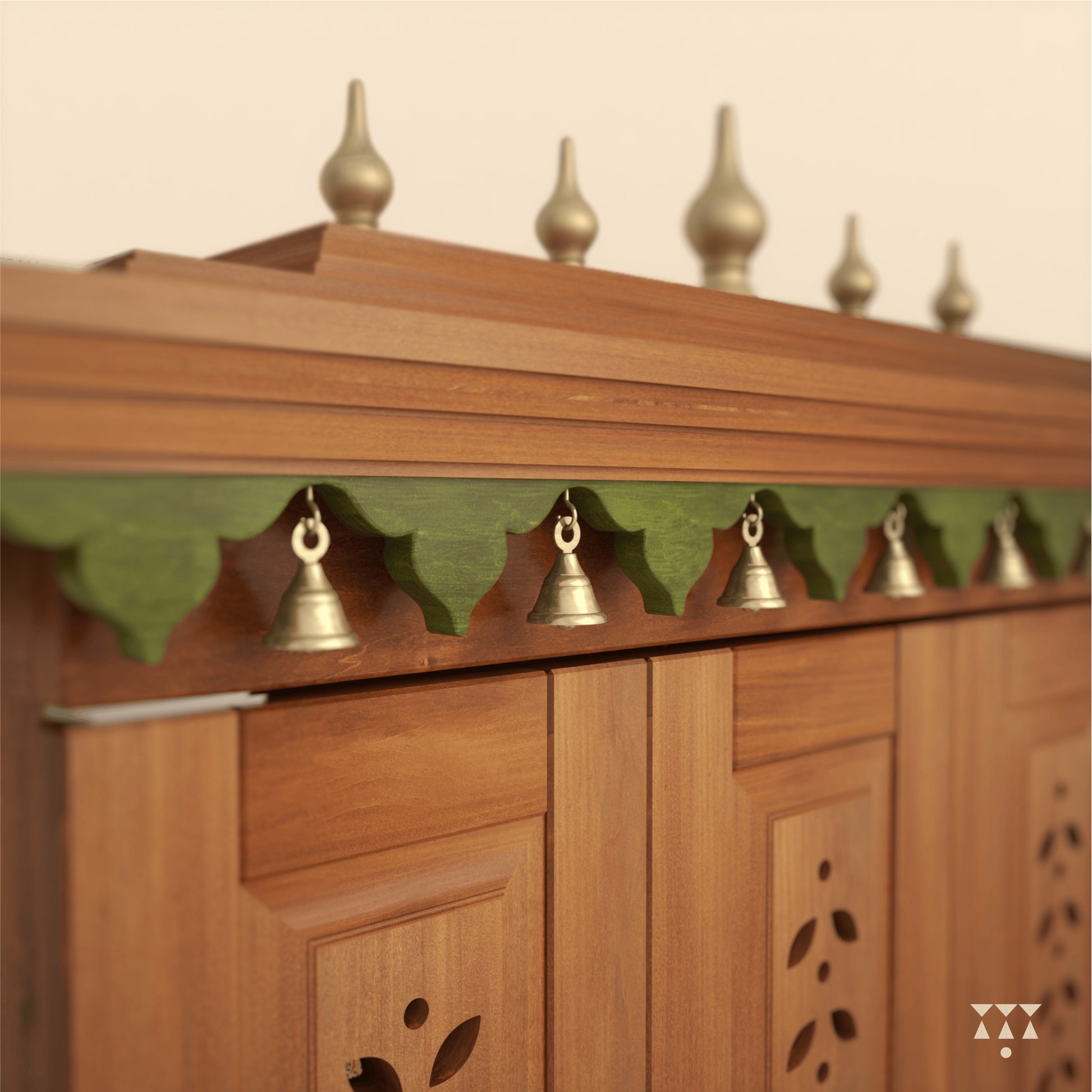 Wooden structure with decorative elements and small bells on a beige background