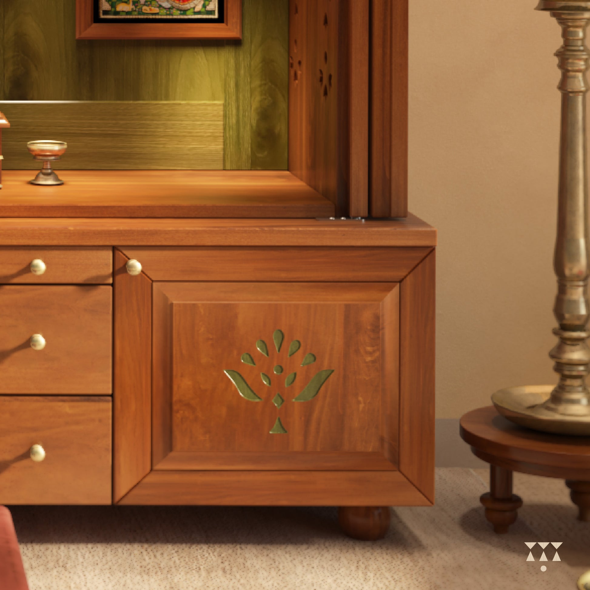 Wooden pooja cabinet with decorative design and gold accents in a warm-toned room.