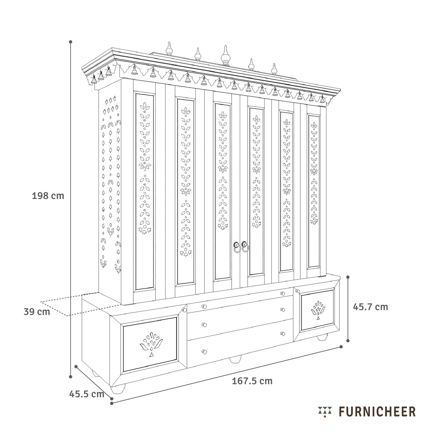 Line drawing of a decorative cabinet with dimensions labeled, branded 'Furnicheer'.