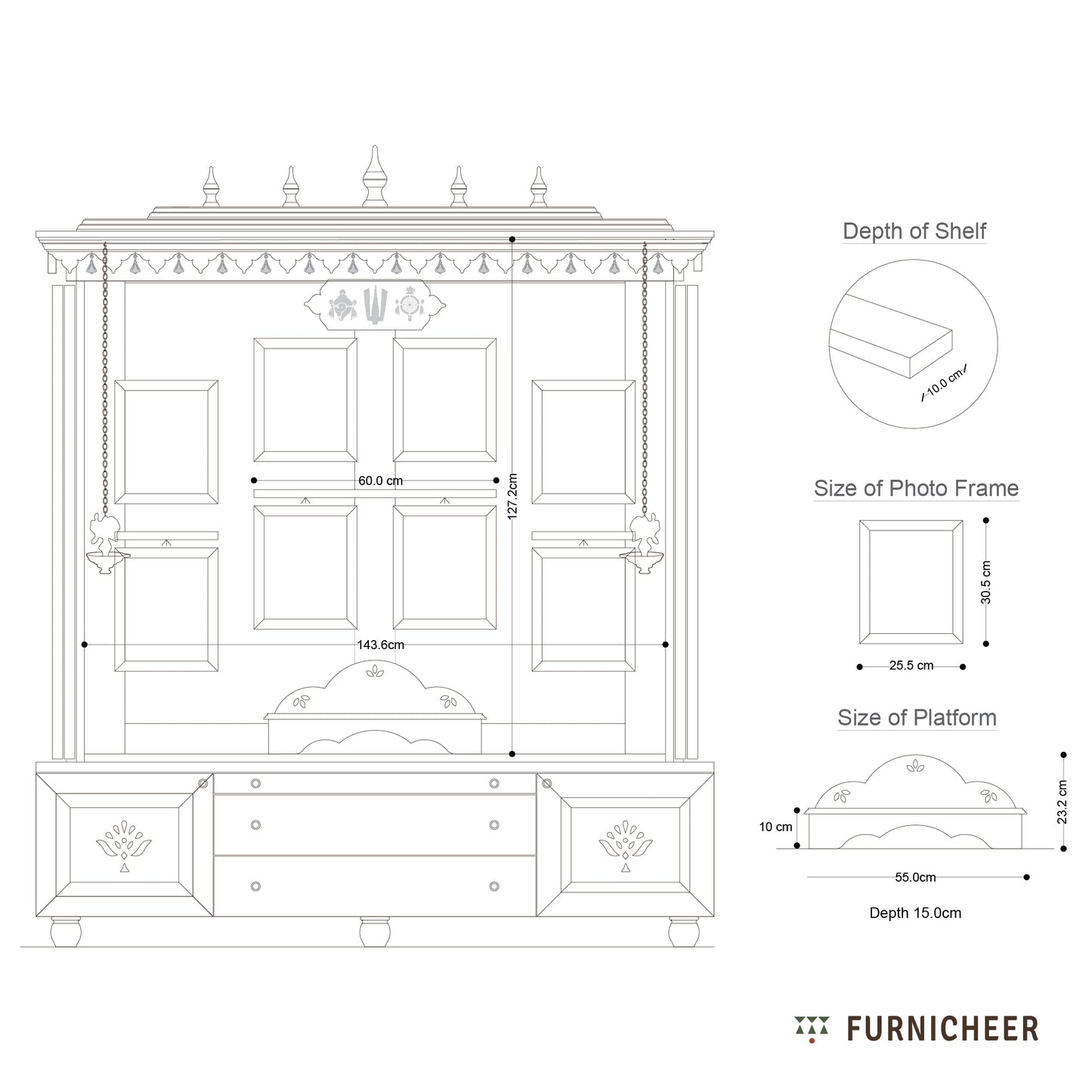 Technical drawing of a piece of furniture with dimensions and 'Furnicheer' branding.