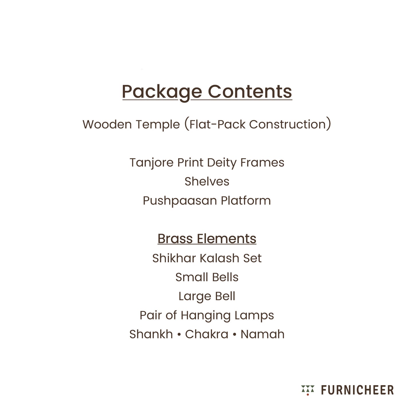 List of package contents for a wooden temple set by Furnicheer on a white background.