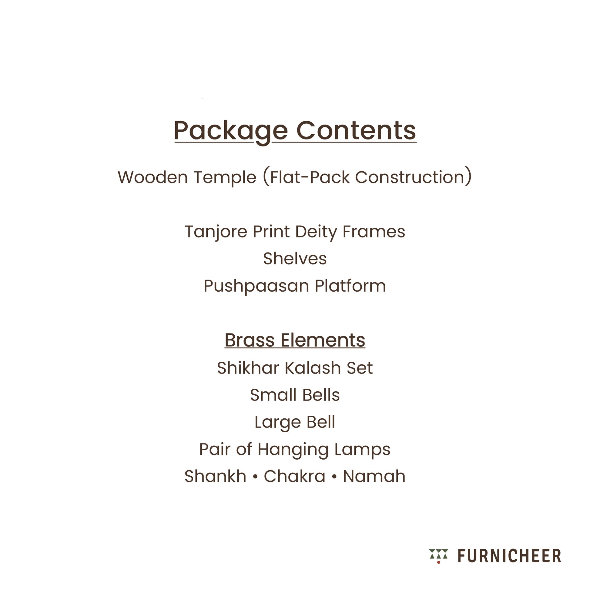 List of package contents for a wooden temple set by Furnicheer on a white background.