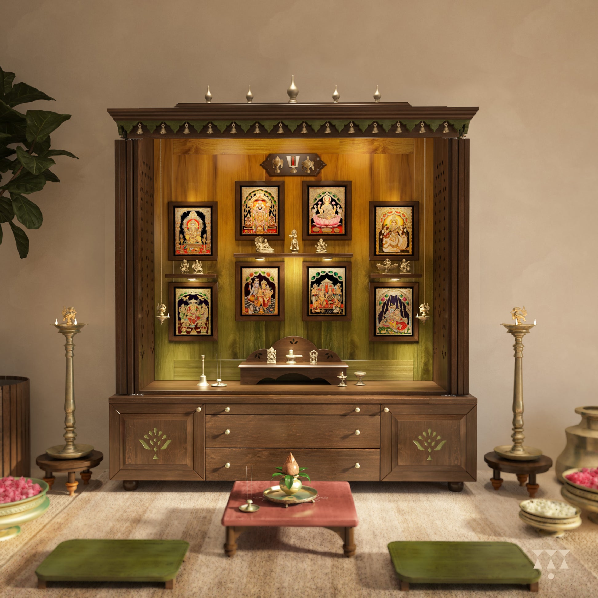 Wooden pooja unit with religious icons and decorations in a room.