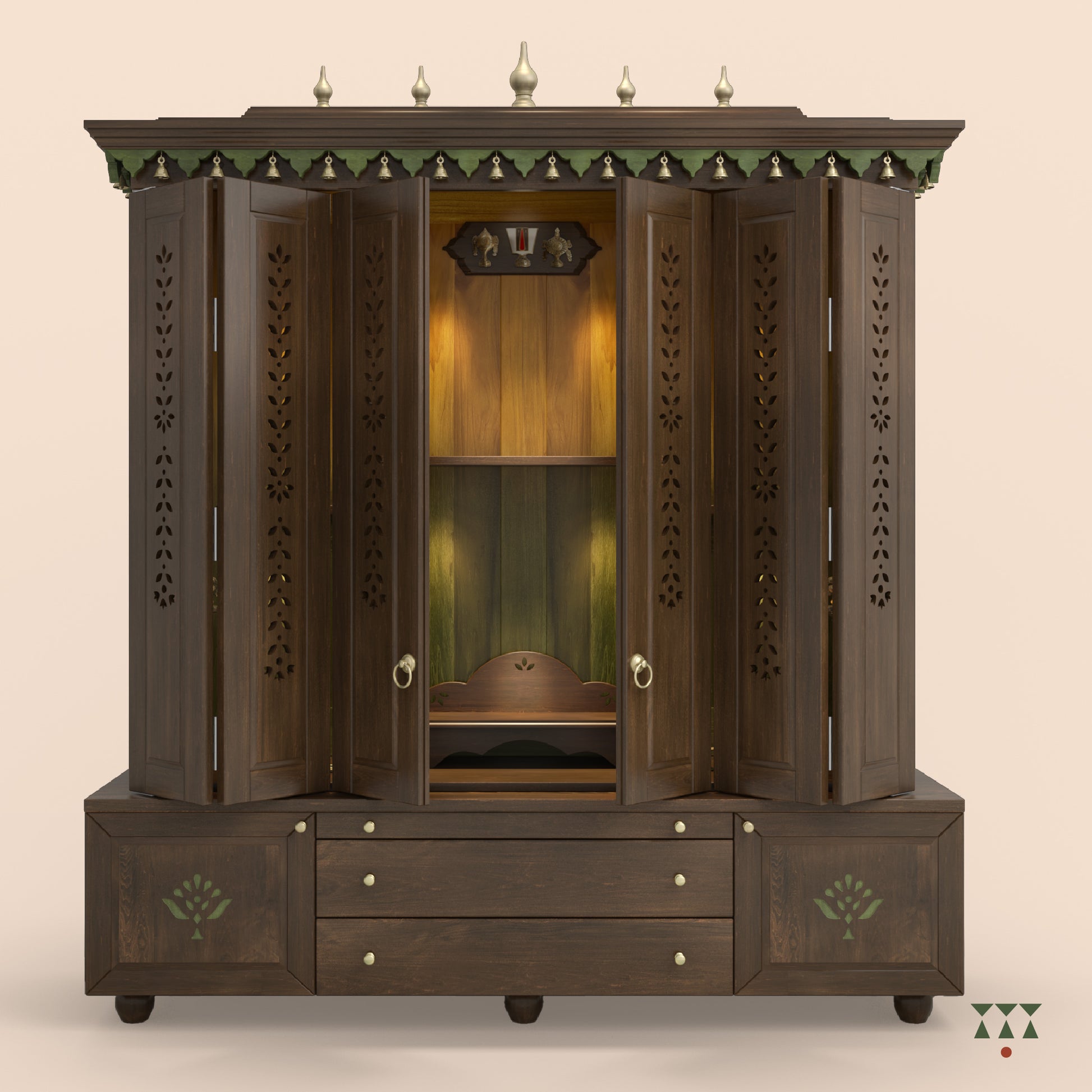 Wooden pooja temple with intricate designs on a beige background