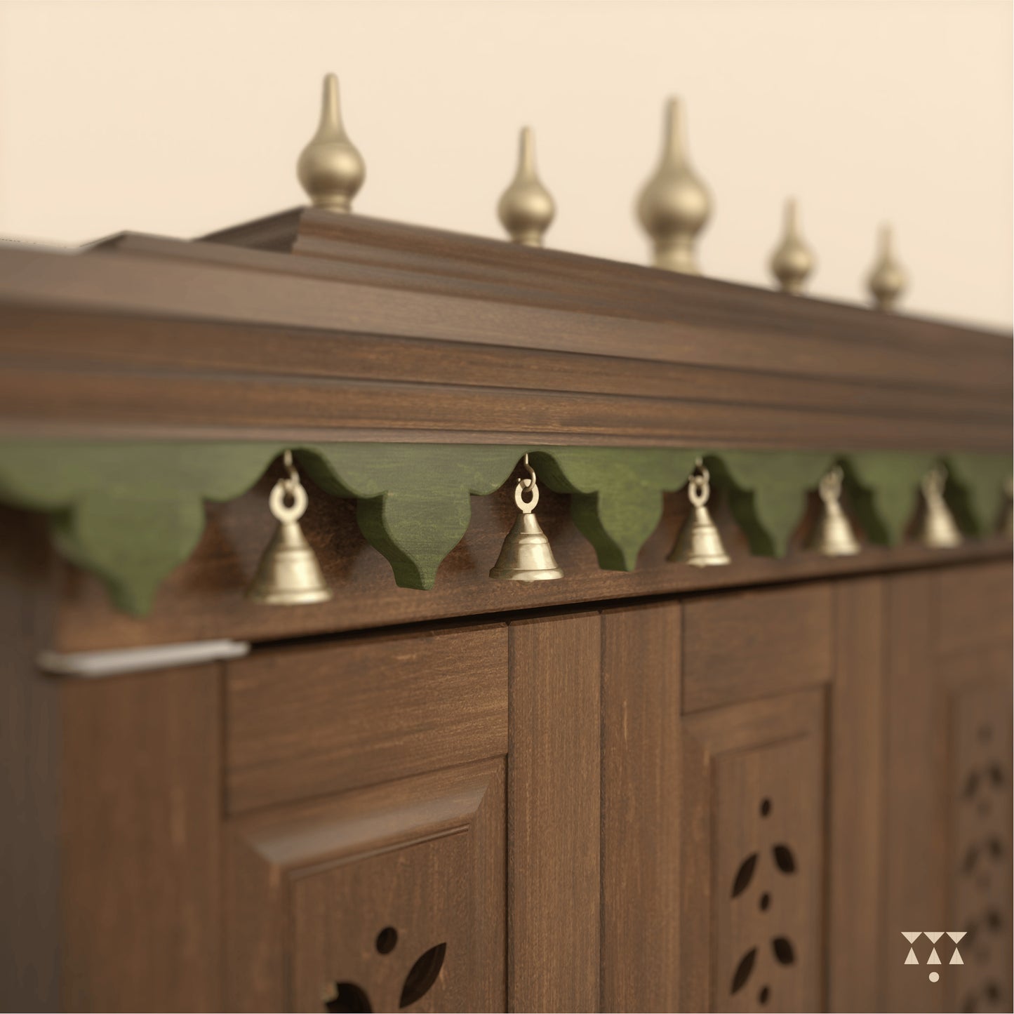 Wooden structure with decorative elements and small bells on a beige background