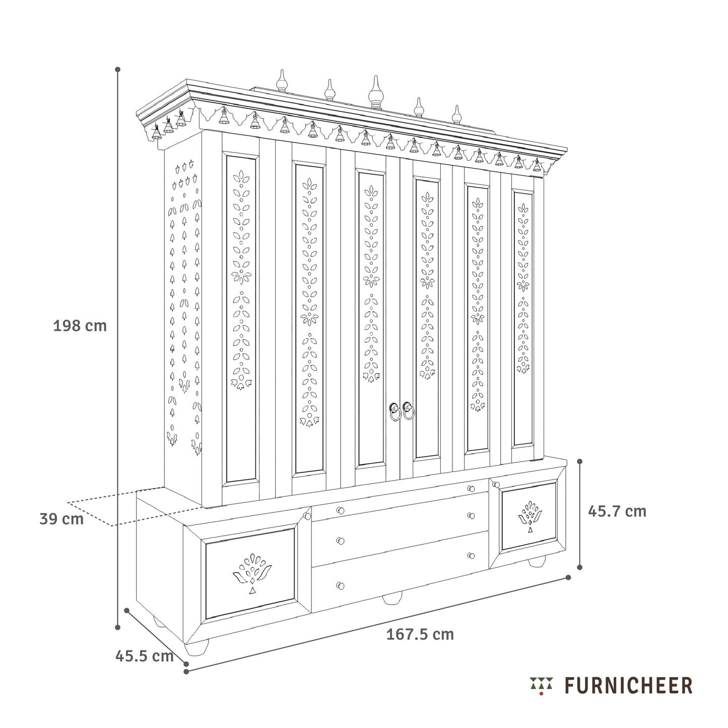 Line drawing of a decorative cabinet with dimensions labeled, featuring the brand 'Furnicheer'.