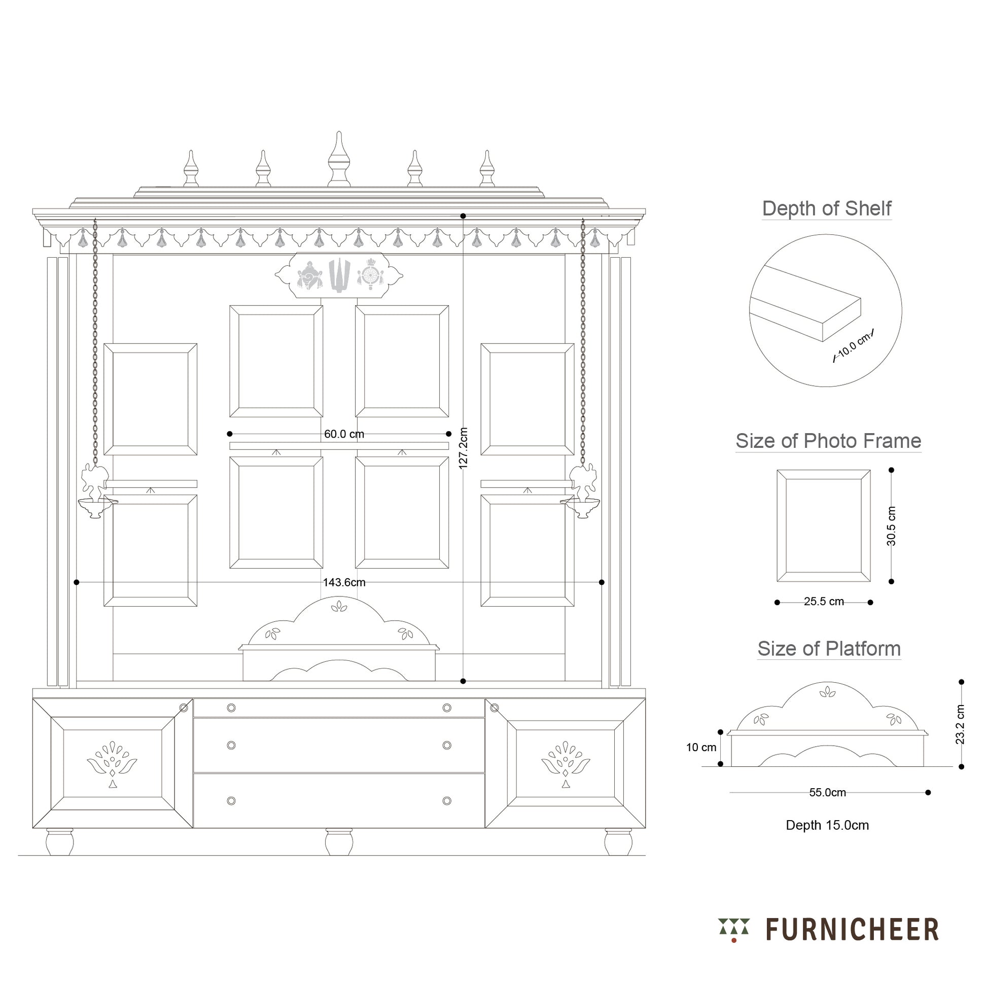 Technical drawing of a piece of furniture with dimensions and 'Furnicheer' branding.