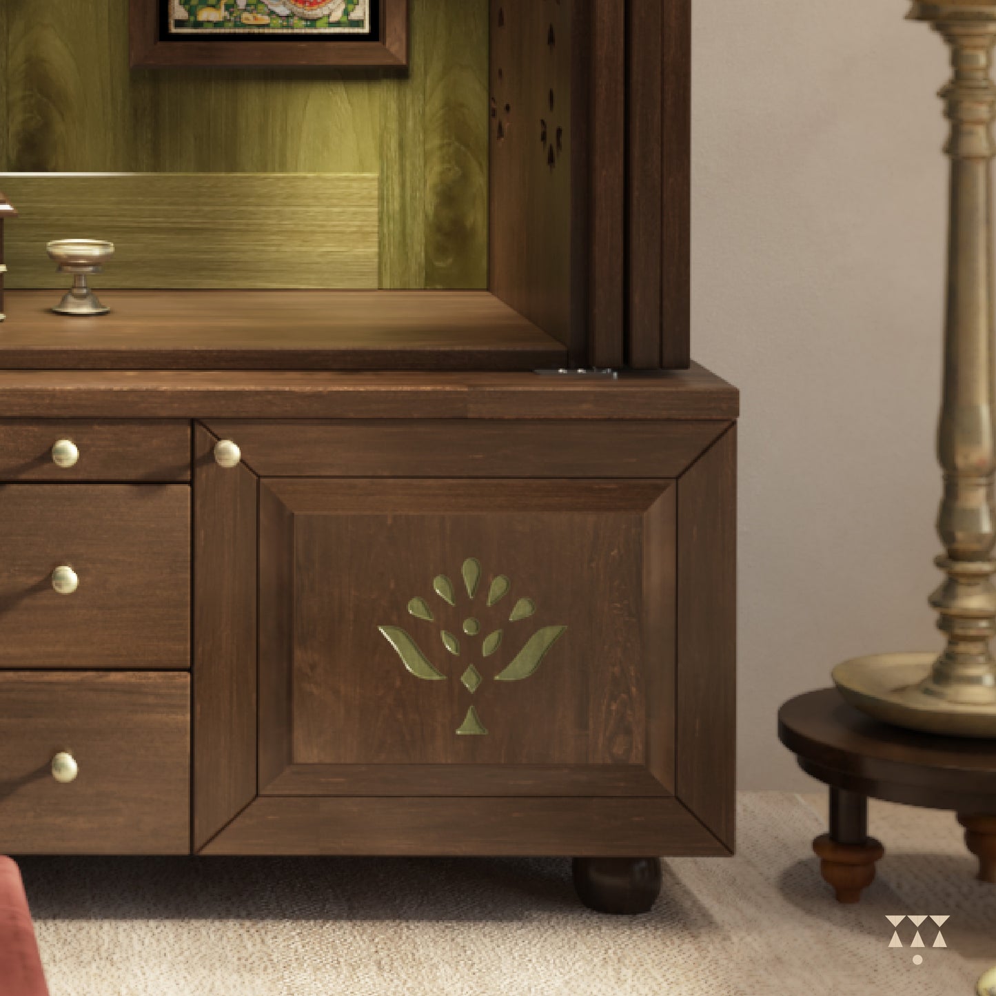 Wooden pooja cabinet with decorative design and gold accents in a warm-toned room.