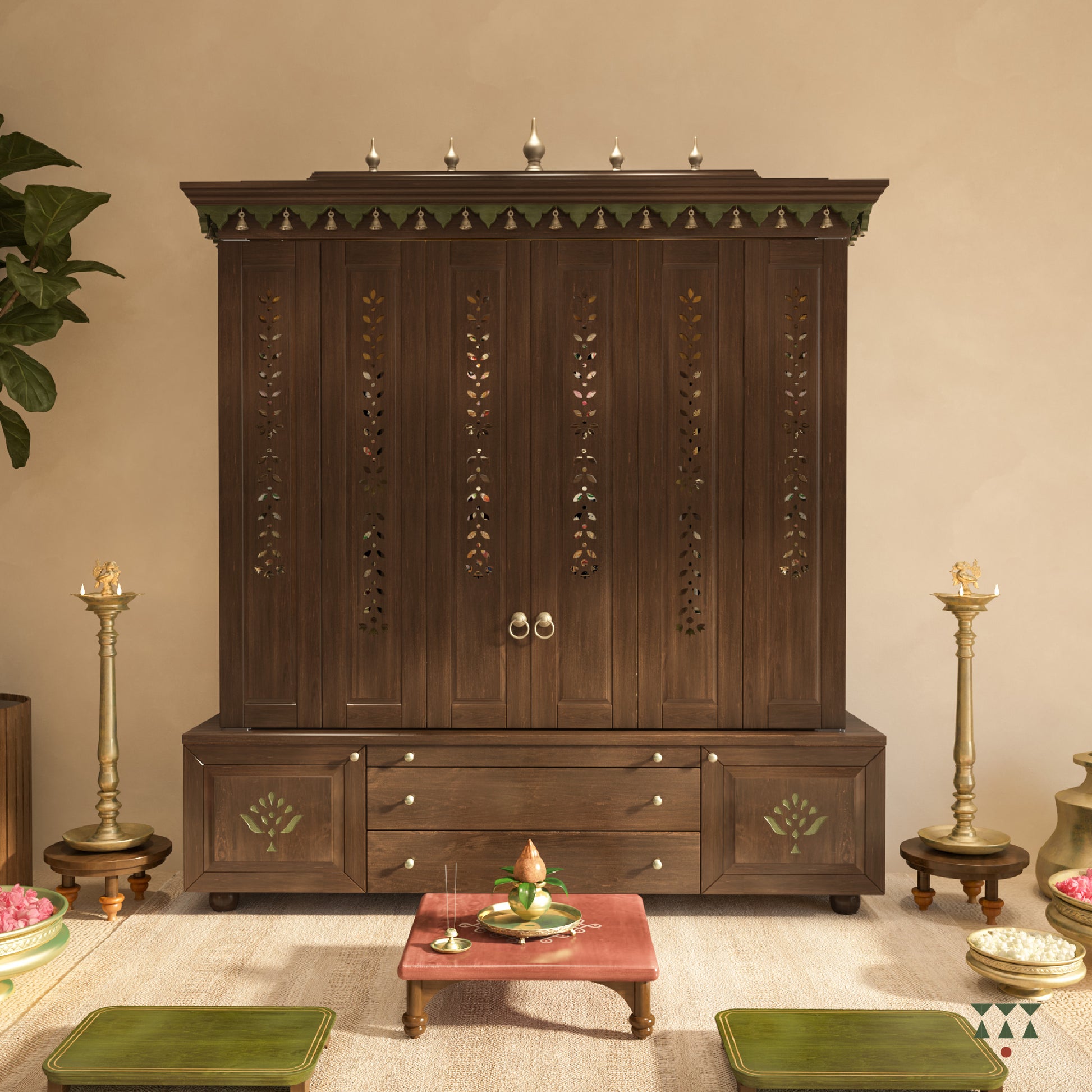 Wooden pooja altar with decorative elements and brass accessories in a room setting