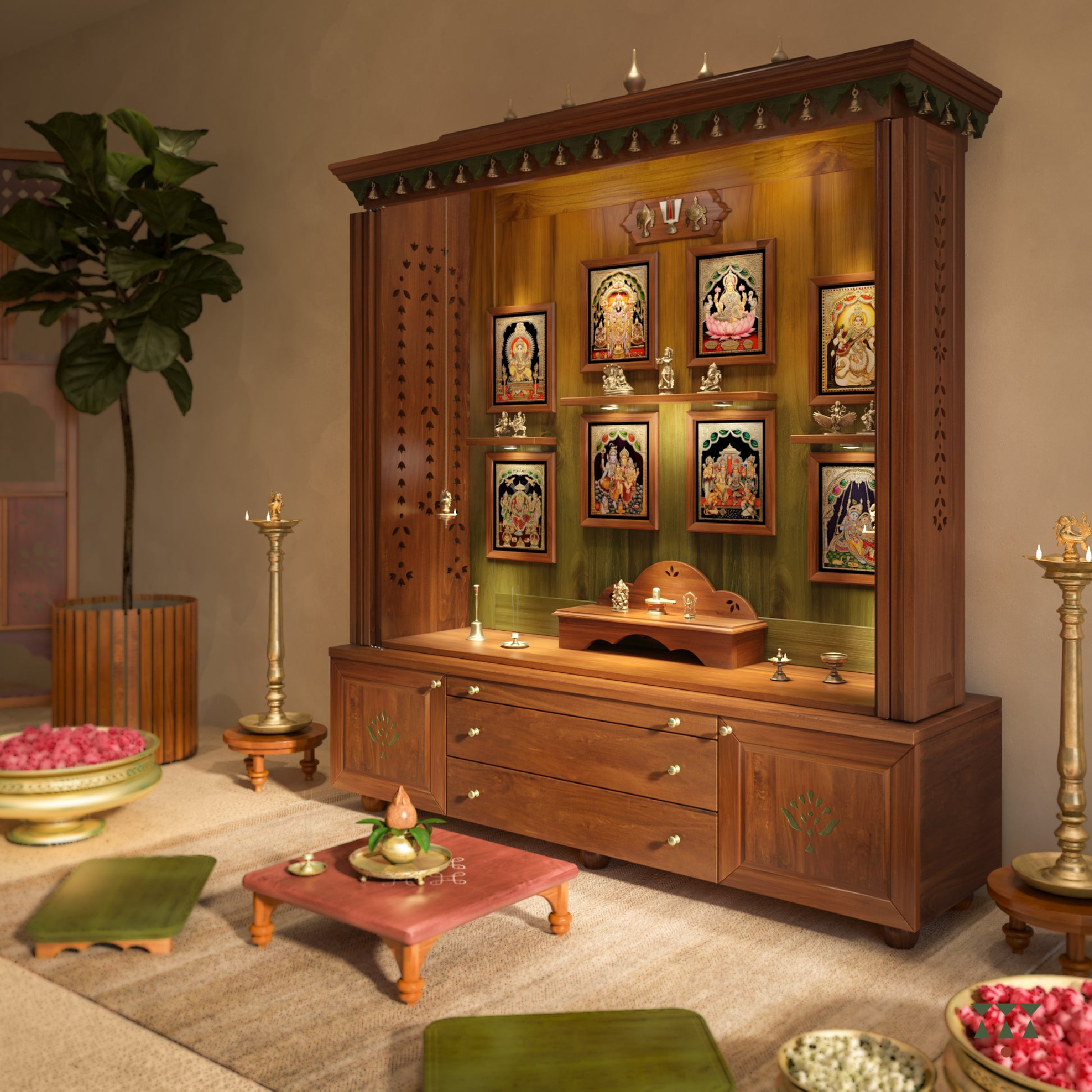 Wooden pooja altar with decorative elements, tanjore deity frames and brass accessories in a room setting.