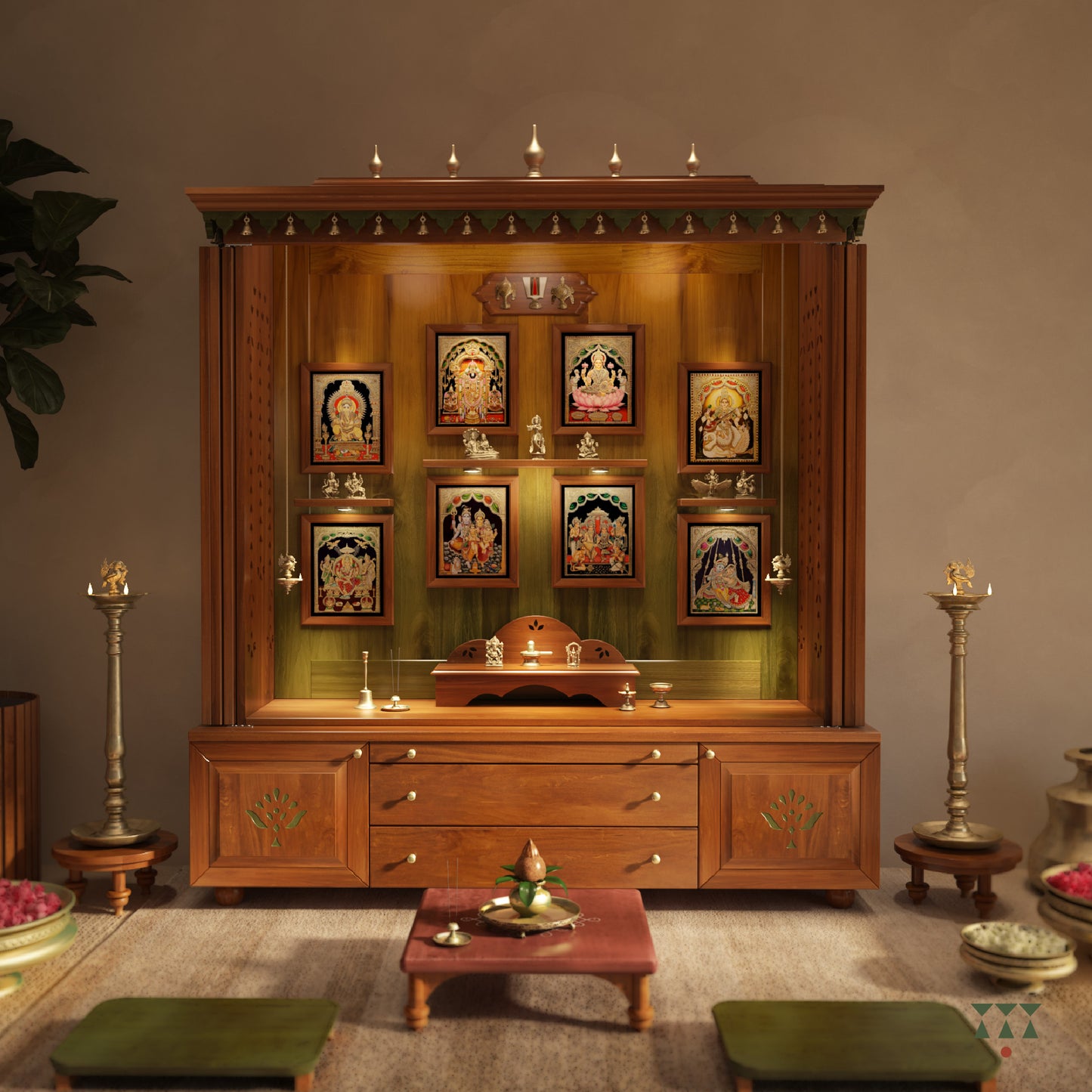 Wooden pooja room with various religious items and decorations.