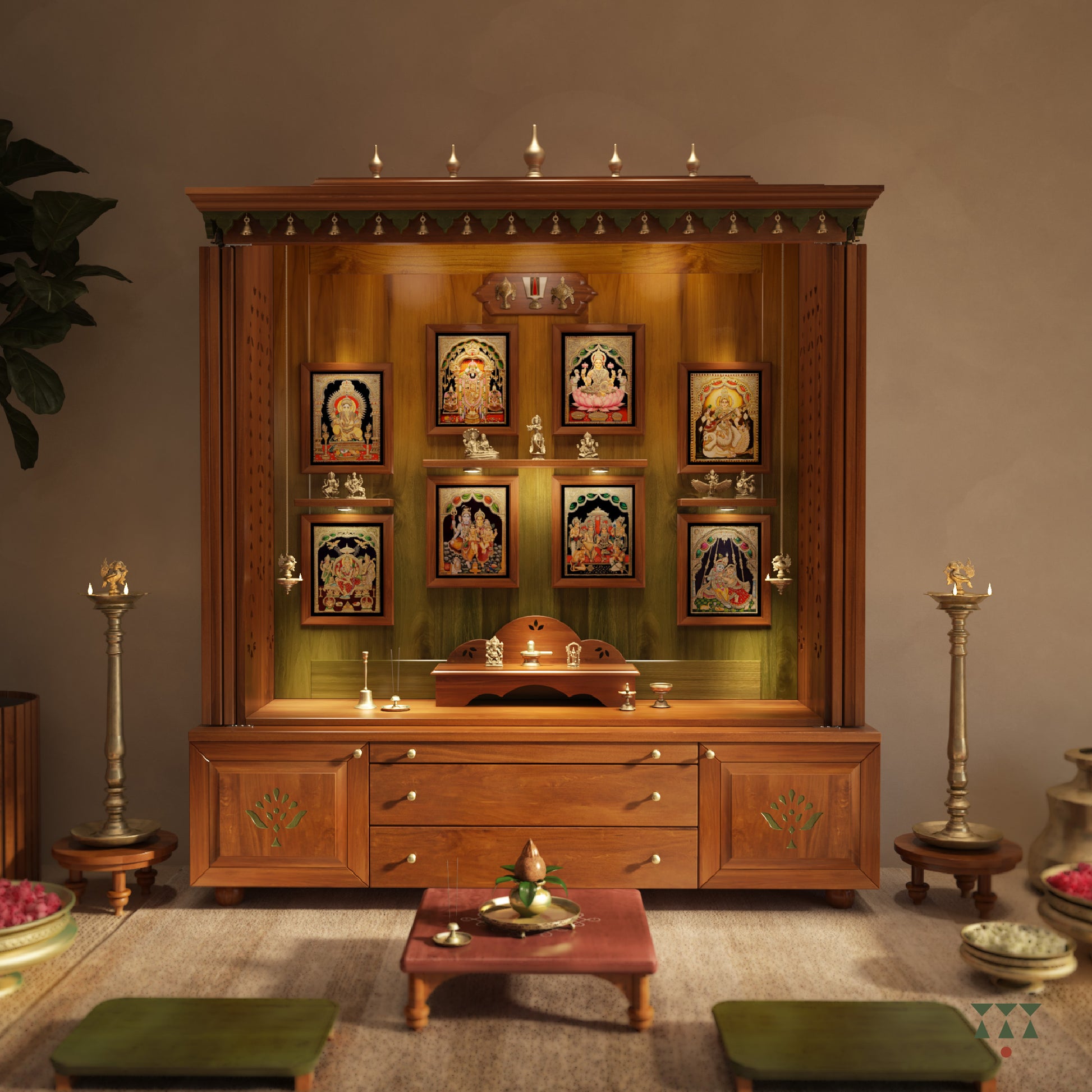 Wooden pooja room with various religious items and decorations.